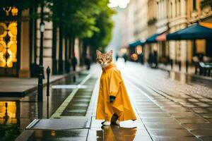 ein Katze im ein Regenjacke Stehen auf ein nass Straße. KI-generiert foto