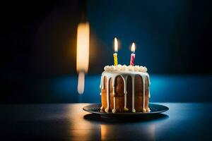 ein klein Geburtstag Kuchen mit zwei zündete Kerzen. KI-generiert foto