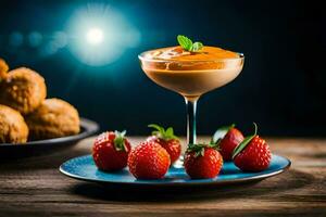 ein Dessert mit Erdbeeren und ein Glas von Milch. KI-generiert foto