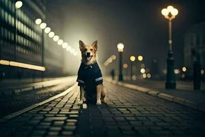 ein Hund tragen ein Hemd auf ein Kopfsteinpflaster Straße beim Nacht. KI-generiert foto