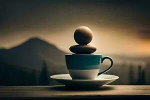 ein Tasse von Kaffee und ein Stein auf oben von Es. KI-generiert foto