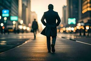 ein Mann im ein passen Spaziergänge Nieder ein Stadt Straße. KI-generiert foto