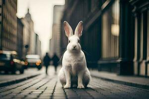 Weiß Hase Sitzung auf das Straße im ein Stadt. KI-generiert foto