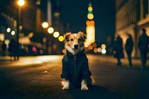 ein Hund im ein Mantel Sitzung auf das Straße beim Nacht. KI-generiert foto