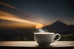 ein Tasse von Kaffee auf ein Tabelle im Vorderseite von ein Berg. KI-generiert foto