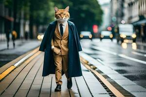 ein Katze tragen ein passen und Krawatte Gehen Nieder ein Straße. KI-generiert foto