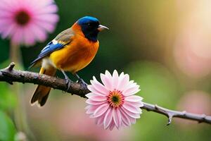 ein bunt Vogel sitzt auf ein Ast mit Rosa Blumen. KI-generiert foto