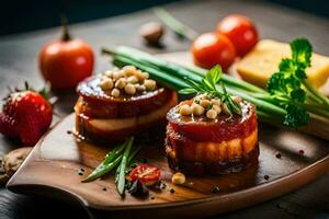 Speck eingewickelt im Speck und Käse auf ein hölzern Schneiden Tafel. KI-generiert foto