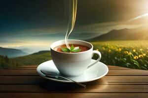 ein Tasse von Kaffee mit ein Aussicht von das Berge. KI-generiert foto