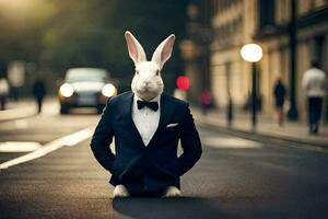 ein Hase gekleidet im ein passen und Krawatte Sitzung auf das Straße. KI-generiert foto