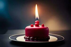 ein klein Rosa Geburtstag Kuchen mit ein Single Kerze. KI-generiert foto