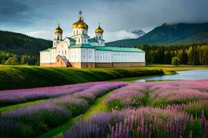 das Russisch orthodox Kirche im das Mitte von ein Lavendel Feld. KI-generiert foto