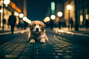 ein Hund Sitzung auf das Straße beim Nacht. KI-generiert foto