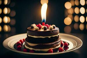 ein Schokolade Kuchen mit ein zündete Kerze auf oben. KI-generiert foto