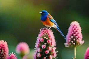 ein Blau und Orange Vogel ist thront auf oben von etwas Rosa Blumen. KI-generiert foto