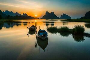 Boote im das Fluss beim Sonnenuntergang mit Berge im das Hintergrund. KI-generiert foto
