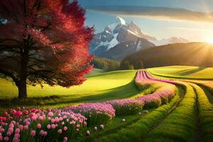 das Sonne scheint auf ein Feld von Rosa Tulpen im das Berge. KI-generiert foto