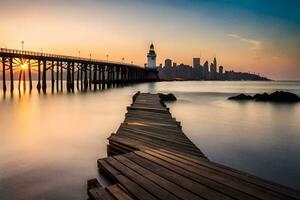 ein Seebrücke mit ein Leuchtturm beim Sonnenuntergang. KI-generiert foto