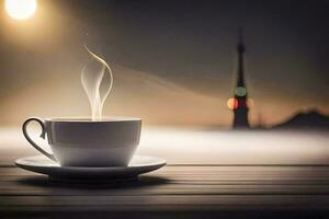 ein Tasse von Kaffee auf ein hölzern Tabelle mit ein Stadt im das Hintergrund. KI-generiert foto
