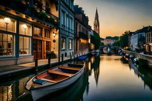 ein Boot ist angedockt im ein Kanal beim Sonnenuntergang. KI-generiert foto