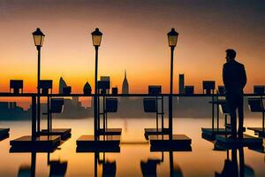 Silhouette von ein Mann Stehen beim ein Bar mit ein Stadt Horizont im das Hintergrund. KI-generiert foto