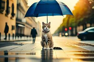 ein Katze Sitzung unter ein Regenschirm auf ein regnerisch Tag. KI-generiert foto