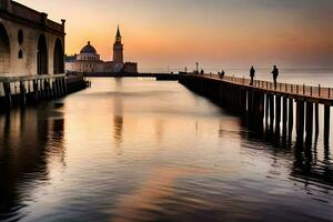 das Sonne ist Rahmen Über ein Seebrücke und ein Kirche. KI-generiert foto