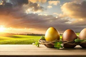 drei Eier im ein Korb auf ein Tabelle mit ein Sonnenuntergang. KI-generiert foto