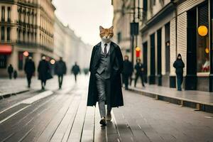 ein Katze tragen ein passen und Krawatte Gehen Nieder ein Straße. KI-generiert foto