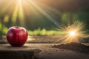 ein Apfel und Wunderkerze auf ein hölzern Tisch. KI-generiert foto