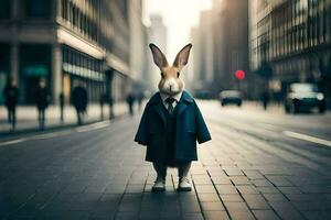 ein Hase gekleidet im ein passen und Krawatte Stehen auf ein Stadt Straße. KI-generiert foto