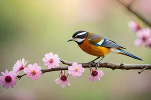 ein Vogel sitzt auf ein Ast mit Rosa Blumen. KI-generiert foto