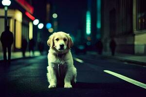 ein Hund Sitzung auf das Straße beim Nacht. KI-generiert foto