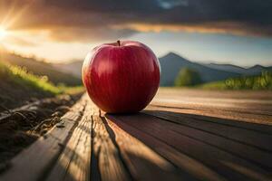 ein Apfel sitzt auf ein hölzern Tafel im Vorderseite von ein Sonnenuntergang. KI-generiert foto