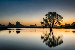 ein einsam Baum im das Mitte von ein See beim Sonnenuntergang. KI-generiert foto