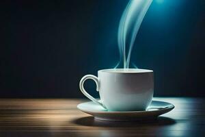 ein Tasse von Kaffee auf ein Tabelle mit Rauch Kommen aus von Es. KI-generiert foto