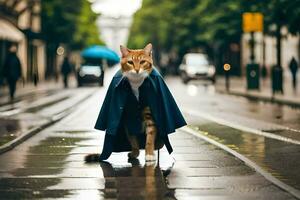 ein Katze im ein Blau Mantel Gehen Nieder ein Straße. KI-generiert foto