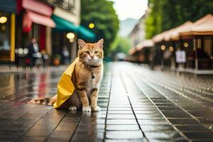 ein Katze tragen ein Gelb Kap auf ein regnerisch Straße. KI-generiert foto