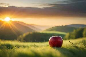 ein Apfel ist Sitzung im das Mitte von ein Feld beim Sonnenuntergang. KI-generiert foto