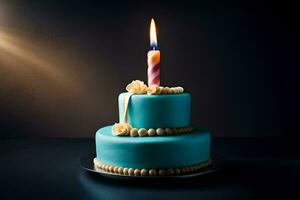 Blau Geburtstag Kuchen mit ein zündete Kerze. KI-generiert foto