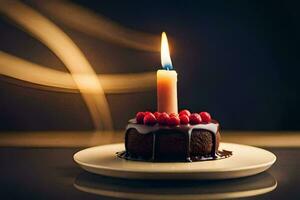 ein klein Kuchen mit ein Kerze auf oben. KI-generiert foto
