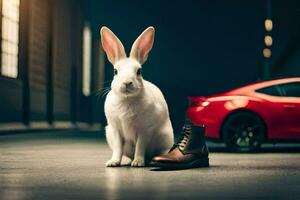 ein Hase Sitzung Nächster zu ein rot Wagen. KI-generiert foto