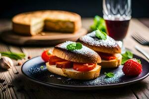 zwei Sandwiches mit Tomaten und Käse auf ein schwarz Platte. KI-generiert foto