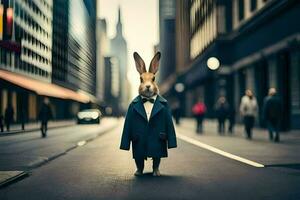 ein Hase gekleidet im ein passen und Krawatte Stehen im das Mitte von ein Stadt Straße. KI-generiert foto