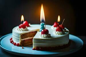 ein Geburtstag Kuchen mit Kerzen auf Es. KI-generiert foto