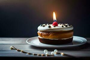 ein Geburtstag Kuchen mit ein Kerze auf oben. KI-generiert foto