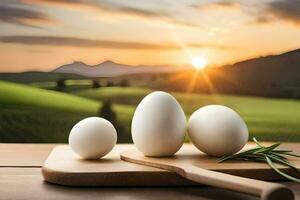 drei Eier auf ein Schneiden Tafel mit ein Sonnenuntergang im das Hintergrund. KI-generiert foto