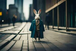 ein Hase gekleidet im ein passen und Krawatte steht auf ein Straße. KI-generiert foto