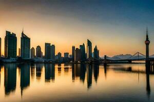 das Horizont von Dubai beim Sonnenuntergang. KI-generiert foto