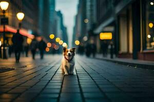 ein Hund Stehen auf ein Straße im das Mitte von ein Stadt. KI-generiert foto